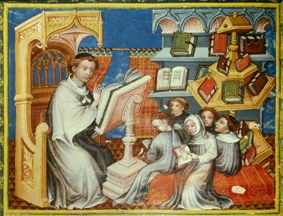 Klosterskole i klostret for eneboerne i Saint Augustine i Paris: en munk på en prædikestol læser en lekon med teenager-tonsurer, men også med laics. Til højre, et pund hjul. Miniature i "" bible historiee"" (Bible historiale) af Pierre Comestor (P af Unknown artist