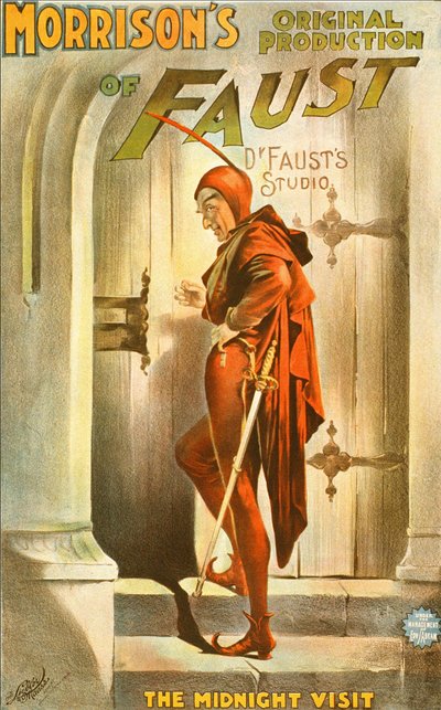 Morrisons originalproduktion af Faust: midnatsbesøget - plakat for et skuespil: illustration af Fausts besøg af Unknown artist