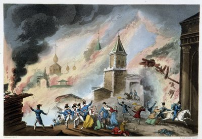 Moscow Fire, september 1812 - i "" Napoleonskrigene"" af Sutherland, Duburg, London af Unknown artist