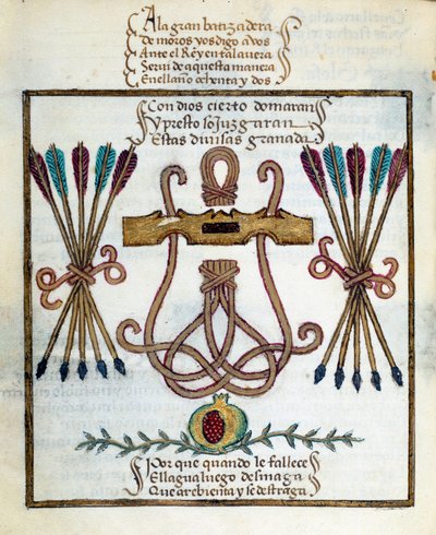 Motto for katolske konger. Emblem af katolske konger. Miniature i "" Devotorio de la Reyna Da Juana, hvem de kaldte La Loca"" af Pedro Marcuello af Unknown artist