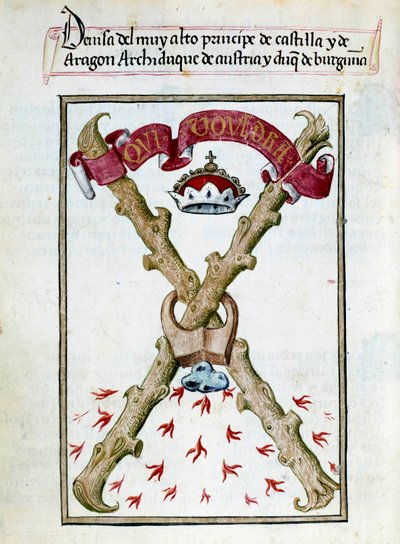 Motto for hertugerne af Bourgogne. Manuskriptside taget fra "" Collection of devotion of Queen Joan the Folle (1479-1555) of Spain"" af Pedro Marcuello ("Devotion of Queen Da Juana who was called the Madwoman") 15. århundrede Chantilly, Musee Conde af Unknown artist