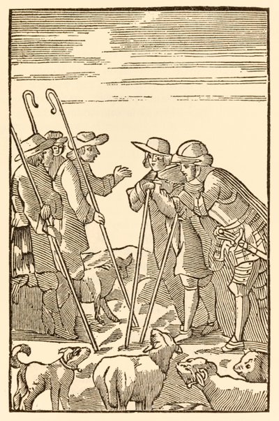 Bjerg Delectable de bestiger nu fra The Pilgrims Progress From This World, To That Who Is To Come af John Bunyan (1628-1688) Christian and Hopeful meet the Shepherds: Knowledge, Experience, Wat af Unknown