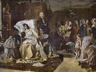 Mozarts sidste dage efter maleri af Hermann Kaulbach (1846-1909) - Gli ultimi momenti di Mozart - sidste dag af Wolfgang Amadeus Mozart - indgravering i "" Popular Music""" berømte ugeavis - 1882 af Unknown artist