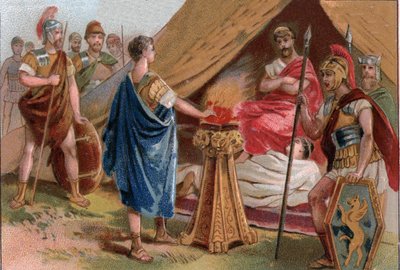 Mucius Scaevola før Porsenna (Micius Scaevola før Porsenna). Caius Mucius Scaevola, en ung romersk patricier taget til fange af den kongelige garde i Porsenna (Porsinna, Porsena) af Unknown artist