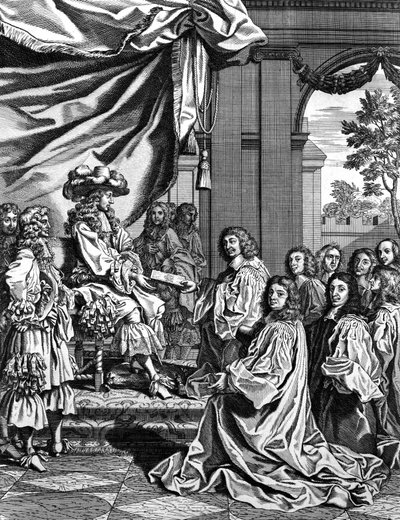 Kommunale dommere præsenterer for den franske kong Ludvig XIV beskrivelse af hans indtog i Paris af Unknown artist