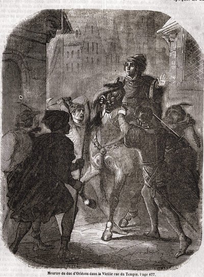 Mordet på Louis I af Valois, hertugen af ​​Orléans (1372 - 1407) i den gamle rue du Temple af Jean Sans Ppeur - i "" Histoire de France"" af L.-P. Anquetil af Unknown artist