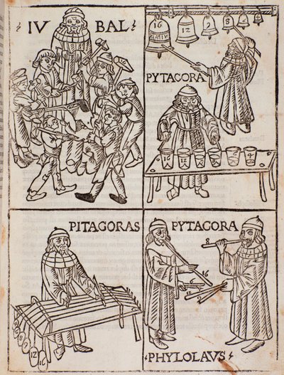 Musikalske teorier om Pythagoras. Siden er taget fra Theorica Musicae af Franchino Gaffurio af Unknown artist