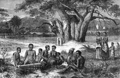 Musikere ved bredden af Zambezi-floden, Afrika. Indgravering 1885 af Unknown artist