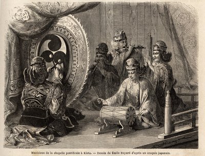 Musikere fra det pavelige kapel i Kyoto (eller Kioto), der spiller fem hellige instrumenter, fløjtetraversiere og fløjte af pan, marinekonkylie, pauker og kakdaiko, den originale gong. Gravering til illustration af rejsen til Japan i 1863-1864, af Aime Hum af Unknown artist
