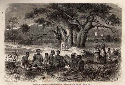 Musikere, der spiller marimba (en blanding af balafon og præcolombianske instrumenter) på bredden af Zambese-floden. Indgravering til illustration af Dr. Livingstones første rejser til det sydlige Afrika fra 1840 til 1856, i "Le tour du monde, nouveau jour af Unknown artist