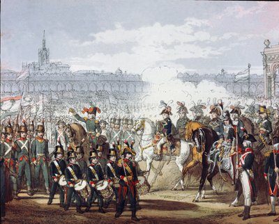 Napoleon Bonaparte (1769-1821) gennemgår den lombardiske og cispadanske legion af militsen den 09/07/1797 Akvarelgravering. Milano, Museo del Risorgimento af Unknown artist