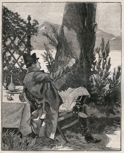 Napoleon Bonaparte (1769-1821) skrev ordet "Bataglia" på stammen af et laurbærtræ på øen Isola Bella ved Maggiore-søen (Lago Maggiore), tre dage før slaget ved Marengo i 1800. Indgravering fra 1885 i "" Les arts et metiers illustres” af Unknown artist