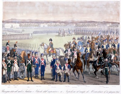 Napoleon Bonaparte anmeldte den italienske og polske milits i Montechiaro i 1805. Stik fra 1845 af Unknown artist