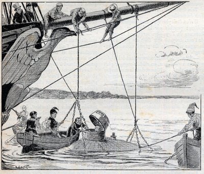 Napoleon flygter fra øen Saint Helene i en ubåd (ubåd) - illustration til romanen af Emile Cyprien (Emile-Cyprien) Driant (1855-1916), "Kejserens flugt"" af Unknown artist