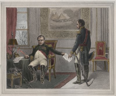 Napoleon underskriver sin abdikation 1814 - Napoleon Bonaparte (1769-1821) i Fontainebleau under sin første abdikation, underskrevet i april 1814 Indgravering i "Les Fastes Populaires, ou Histoire des acts heroiques du peuple et de son influence sur les sc af Unknown artist