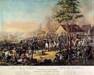 Napoleonskrigene: Slaget ved Belle Alliance eller Waterloo vundet 18/06/1815 af de væbnede styrker under ordre fra Arthur Wellesley, hertug af Wellington (1769-1852) og prins Blucher af Unknown artist