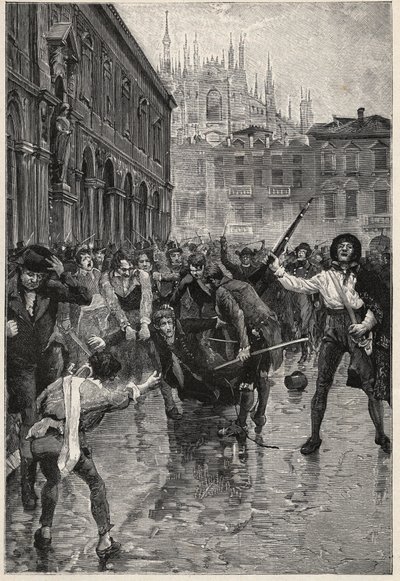 Napoleons abdikation tilskynder til optøjer i Milano, og Giuseppe Prina, den upopulære finansminister, bliver slæbt rundt i gaderne og til sidst dræbt af pøbelen på Piazza San Fedele i Milano, den 20. april af Unknown artist
