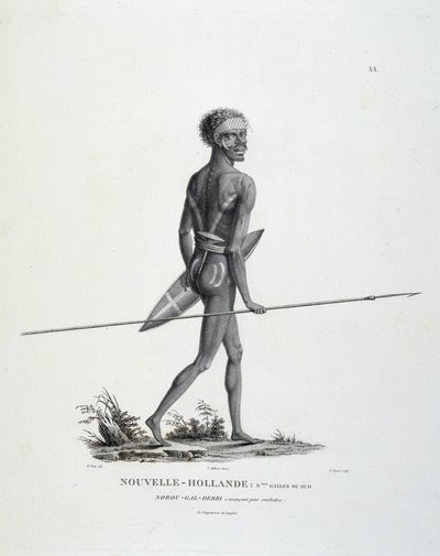 Indfødte North-Gal-Derri fra New South Wales i New Holland rykker frem til kamp - i "" Opdagelsesrejse til de sydlige lande"" af herrerne Lesueur og Peer af Unknown artist