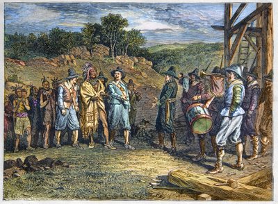 Indfødte befolkning i Amerika: indianere. Nybyggerne mødte Massasoit (1590-1661) også kendt som Ousamequin "Yellow Feather"" høvding for Wampanoag-stammen, Plymouth Colony, år 1620. Wampanoag-leder Massasoit besøgte kolonister i Plymouth af Unknown artist