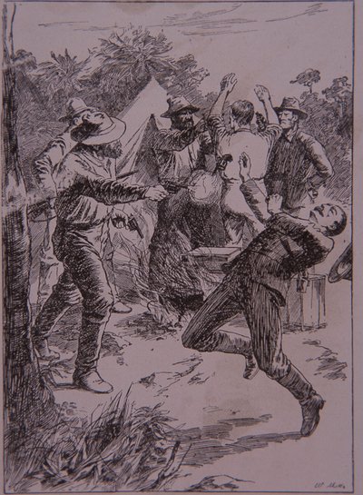 Ned Kelly dræber politikonstabel Lonigan ved Stringybark Creek i 1878 (gravering) af Unknown artist