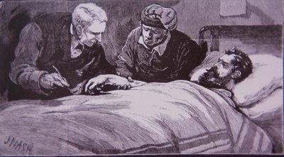 Ned Kelly ligger såret på fængselshospitalet i Melbourne efter at være blevet fanget af politiet den 28. juni 1880 (gravering) af Unknown artist