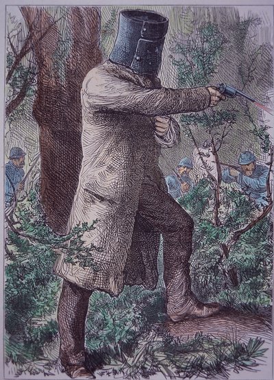 Ned Kelly, iført sin karakteristiske rustning, i sidste konfrontation med politiet, 28. juni 1880 (farvegravering) af Unknown artist