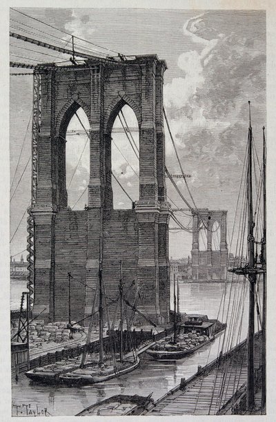 New York: Brooklyn Bridge pæle under opførelse - i "The World Tour"", 2. semester 1881 af Unknown artist