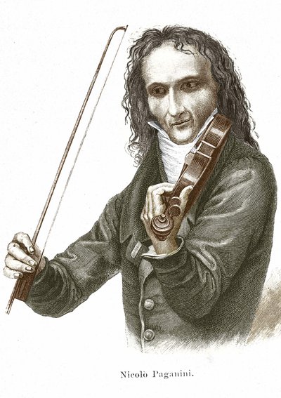 Niccolo Paganini (1782 - 1840) spiller på sin Stradivarius (Violin skabt af den italienske luthier Antonio Stradivari). af Unknown artist