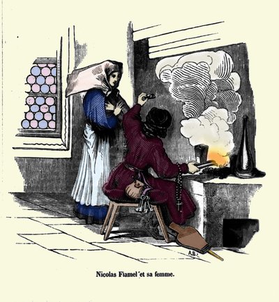 Nicolas Flamel (1330 - 1418) med sin kone. af Unknown artist