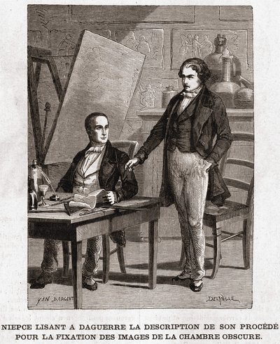 Niepce læser for Louis Daguerre i beskrivelsen af heliografi, til fiksering af billeder fra camera obscura - Nicephore Niepce (1765-1833), fransk opfinder, fotografisk pioner, læser for Daguerre beskrivelsen af hans metode til at fikse billederne af Unknown artist