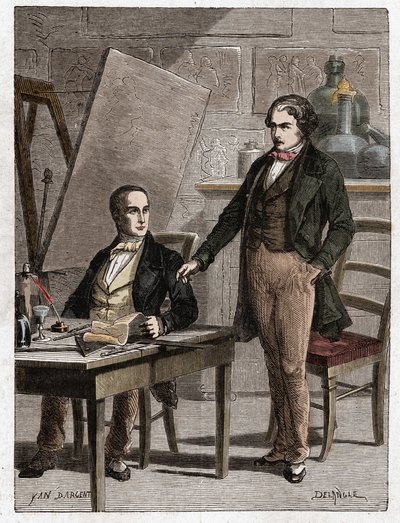 Niepce læser for Louis Daguerre i beskrivelsen af heliografi, til fiksering af billeder fra camera obscura - Nicephore Niepce (1765-1833), fransk opfinder, fotografisk pioner, læser for Daguerre beskrivelsen af hans metode til fiksering af i af Unknown artist