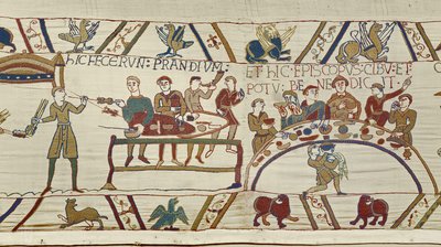 Normanniske tjenere forbereder en banket for William, og biskop Odo velsigner måltidet, Bayeux Tapestry (uldbroderi på linned) af Unknown artist