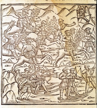 Norske jægere, der rejser på ski og rensdyr. Gravering af Olaus Magnus (1490 - 1557), svensk religiøs og geograf, "Historia de Gentis Septentrionalibus", Venedig af Unknown artist