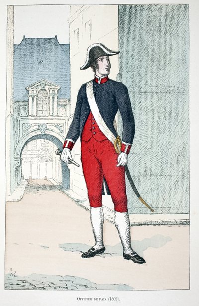 Fredsofficer (1802). Radering i farver, til illustration "" Histoire du corps des gardes de la paix""" bog udgivet i regi af Louis Lepine (1846-1933), præfekt for politiet på Seinen, af Alfred Rey (1864-?) og Louis Feron (1862-?), af Unknown artist