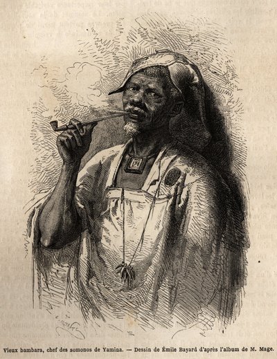 Gamle Bambara, stammehøvding i Yamina (Niger), der ryger pibe og bærer sin stammes traditionelle hovedbeklædning. Indgravering til illustration af løjtnant (Flåden) M. Mages rejse til Vestsudan i 1863-1866, offentliggjort i "Le tour du monde, nouveau jour af Unknown artist