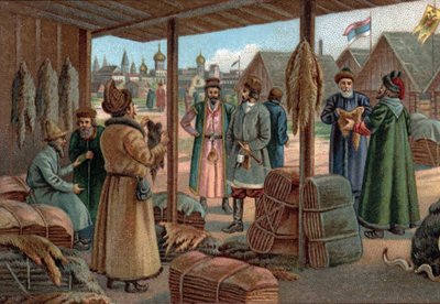 Gamle indkøbscentre: Pelsmesse i Novgorod (Veliky Novgorod), Rusland i det 19. århundrede. Kromolitografi fra slutningen af det 19. århundrede af Unknown artist