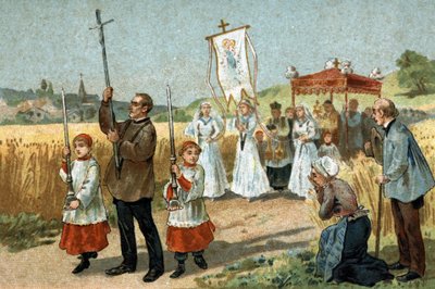 Gammel skik, der fejres i Berry-regionen: processionen i hveden. Religiøs fest. Kromolitografi i slutningen af det 19. århundrede. af Unknown artist