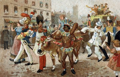 Gammel skik, der fejres i Ile de France-regionen: Processionen af oksekød i 1830. Kromolitografi fra slutningen af det 19. århundrede. af Unknown artist