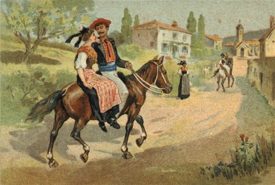 Gammel skik fejret i Provence-regionen: forsamlingen af Camarguais. Kromolitografi i slutningen af det 19. århundrede. af Unknown artist