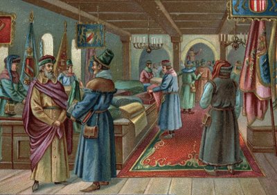 Gamle indkøbscentre: linnedhal i Brugge, Belgien i det 15. århundrede. Kromolitografi i slutningen af det 19. århundrede af Unknown artist