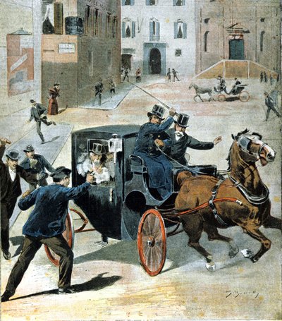 Den 16. juni 1894 i Rom affyrede anarkisten Paolo Lega en revolver mod Francesco Crispi, formand for det italienske råd. Illustration af perioden. af Unknown artist