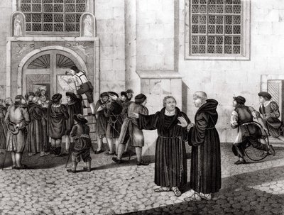 Den 31/10/1517 postede Luther på porten til Wittenberg Slot sine 95 teser "", der fordømte salget af afladsbreve, og som markerede begyndelsen på reformationen - grav. af Unknown artist
