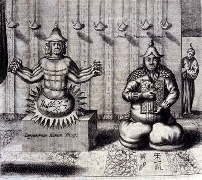 Til venstre har hinduistisk guddom otte arme, til højre Amida, japansk Buddha. "De China Monumenta" af Athanasius Kircher (1601 - 1680), jesuit, orientalist og tysk lærd, Amsterdam 1667. af Unknown artist