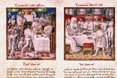 Til venstre festen Assuerus 1. (Xerxes 1.). Til højre, Jobs børns fest. Miniature fra manuskriptet "" Le Miroir de l