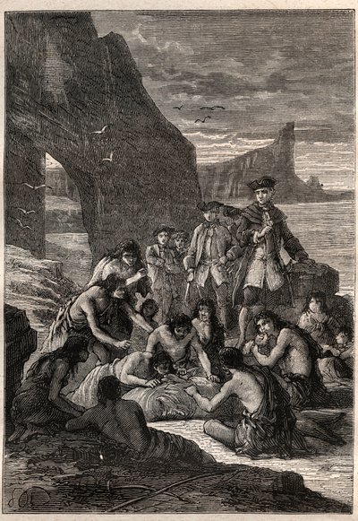 En af dem afkoblet med tænderne: Viceadmiral John Byron (1723-1786) på en af øerne i Detroit of Magellan - Fuegians (indbyggerne i Tierra del Fuego) decouperer med tænderne en hval, der var blevet revet og forstenet på stranden - syg af Unknown artist