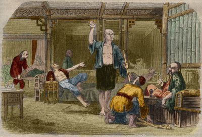 Opiumsrygere i Kina i midten af det 19. århundrede. Indgravering fra 1857 i "" Le Musee Des Sciences"" af Unknown artist