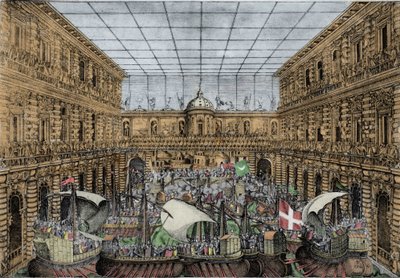 Orazio Scarabelli, Naval Battle Show (naumachia) rejser sig i gården til Palazzo Pitti i Firenze (Medici-familiens kongelige palads, storhertugerne af Toscana) Naumachia i gården til Palazzo Pitti, Firenze af Unknown artist