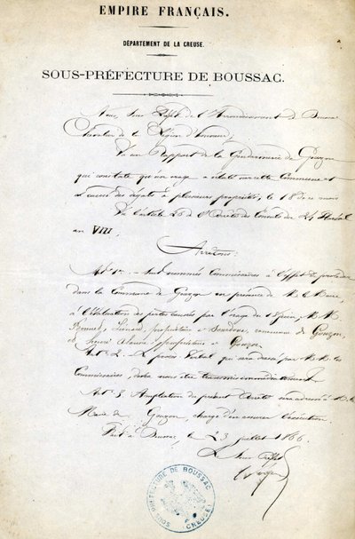 Bekendtgørelse fra underpræfekturet Creuse (Arrondissement of Boussac) af 23. juli af Unknown artist