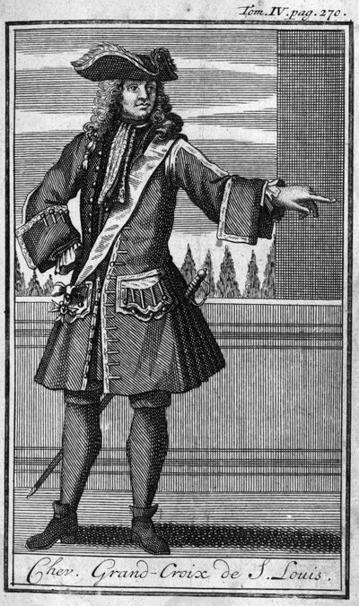 Ridderordener. Chevalier Grand Cross af Saint Louis i Frankrig i det 17. århundrede. I "" Historien om militære ordener eller riddere, af seculieres og regulære militser af begge køn, som er blevet etableret indtil videre. Udgave taget fra Abbe Giustini af Unknown artist