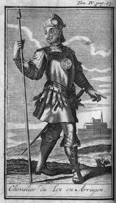 Ridderordener. Ridder af Lilyordenen i Arragon i det 15. århundrede I "" Historien om militære ordener eller riddere, af seculieres og regulære militser af begge køn, som er blevet etableret indtil videre. Udgave taget fra Abbe Giustiniani, R.P.Bo af Unknown artist
